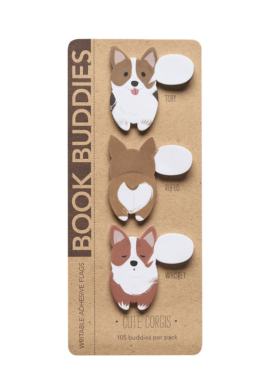 Pack of Book Buddies with corgi-shaped bookmarks on a brown card.