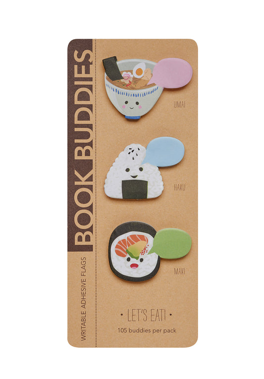 Pack of Book Buddies with food-themed bookmarks on a brown card.