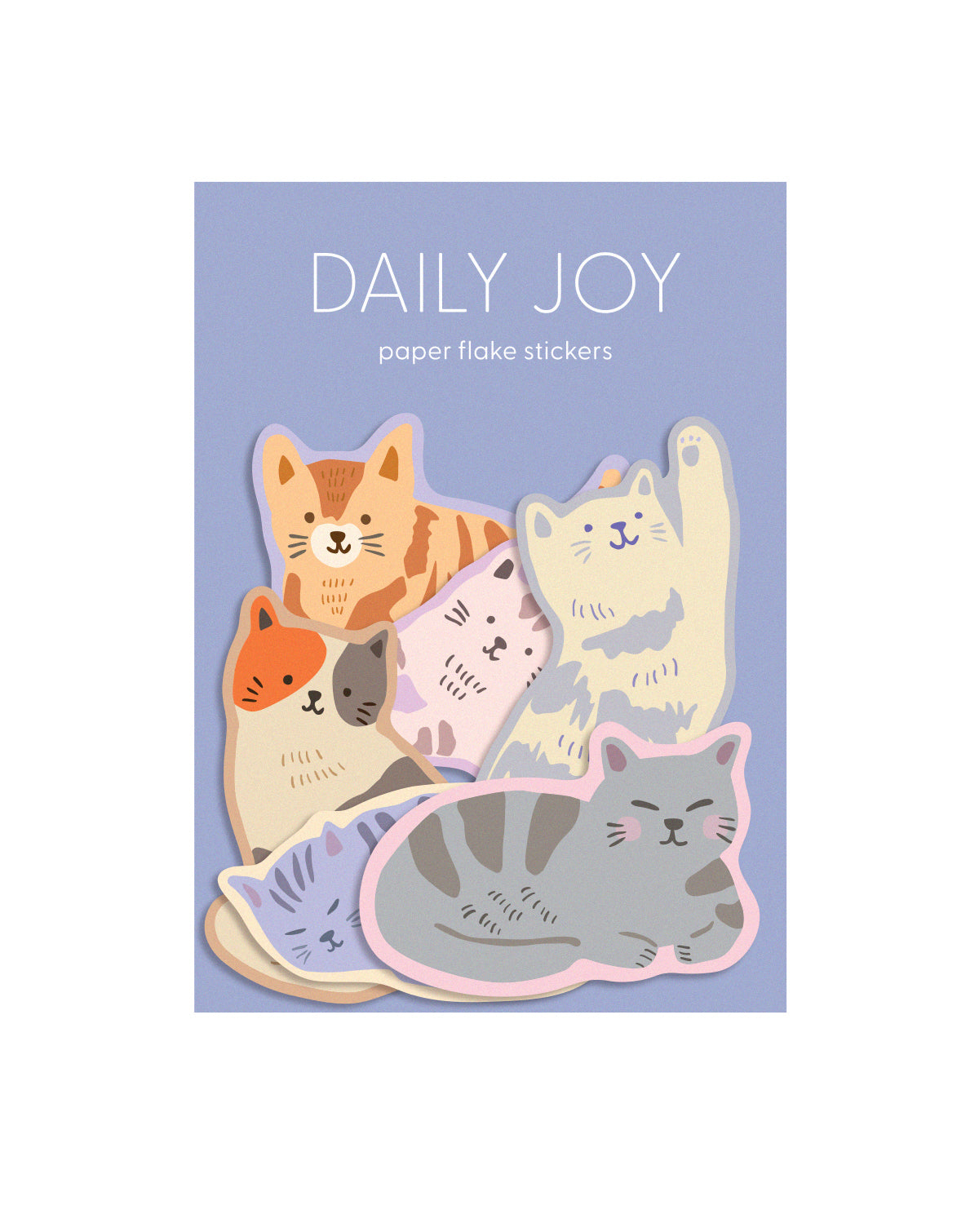 Pack of flake stickers with cat designs on a blue background, labeled 'Daily Joy'.