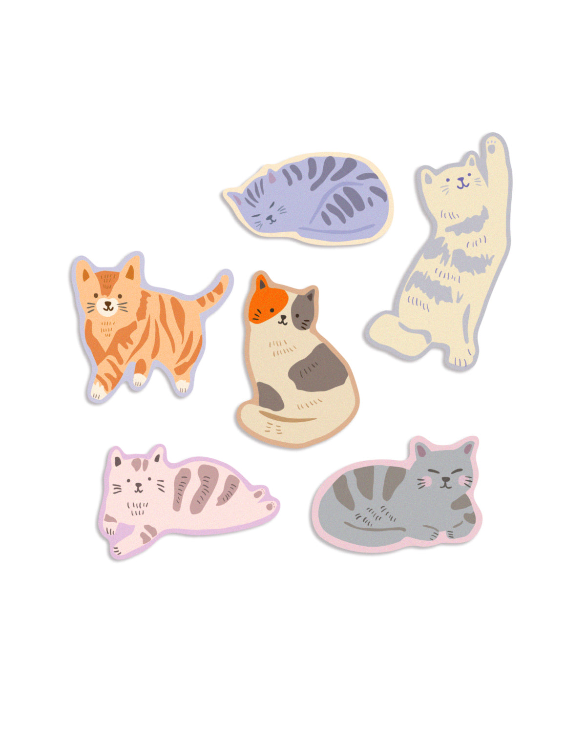 Set of six colorful cat-shaped stickers on a white background