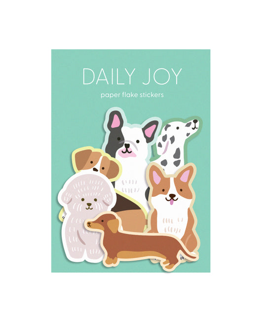 Pack of flake stickers with dog illustrations featuring the brand 'Daily Joy'.