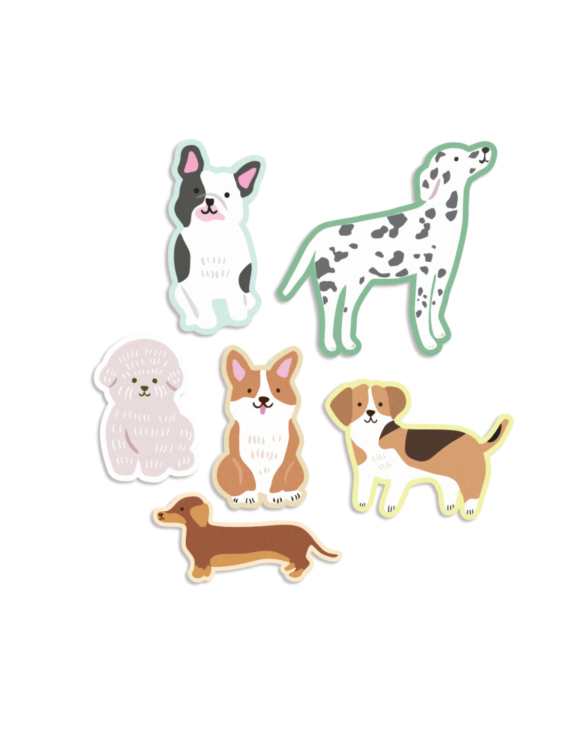 Set of six dog stickers on a white background
