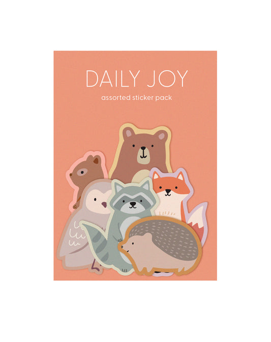 Pack of flake stickers with forest animal illustrations featuring the brand 'Daily Joy'.