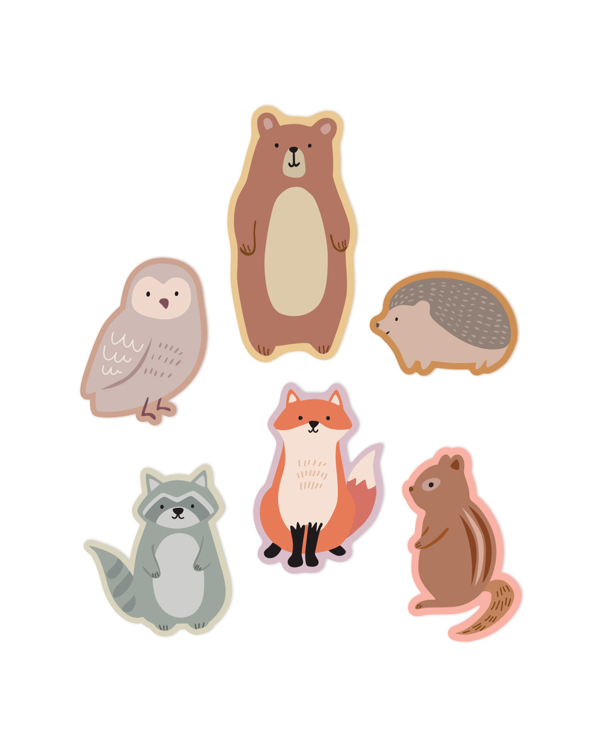 Six cute cartoon animal stickers on a plain white background: a brown bear, owl, hedgehog, raccoon, fox, and chipmunk.