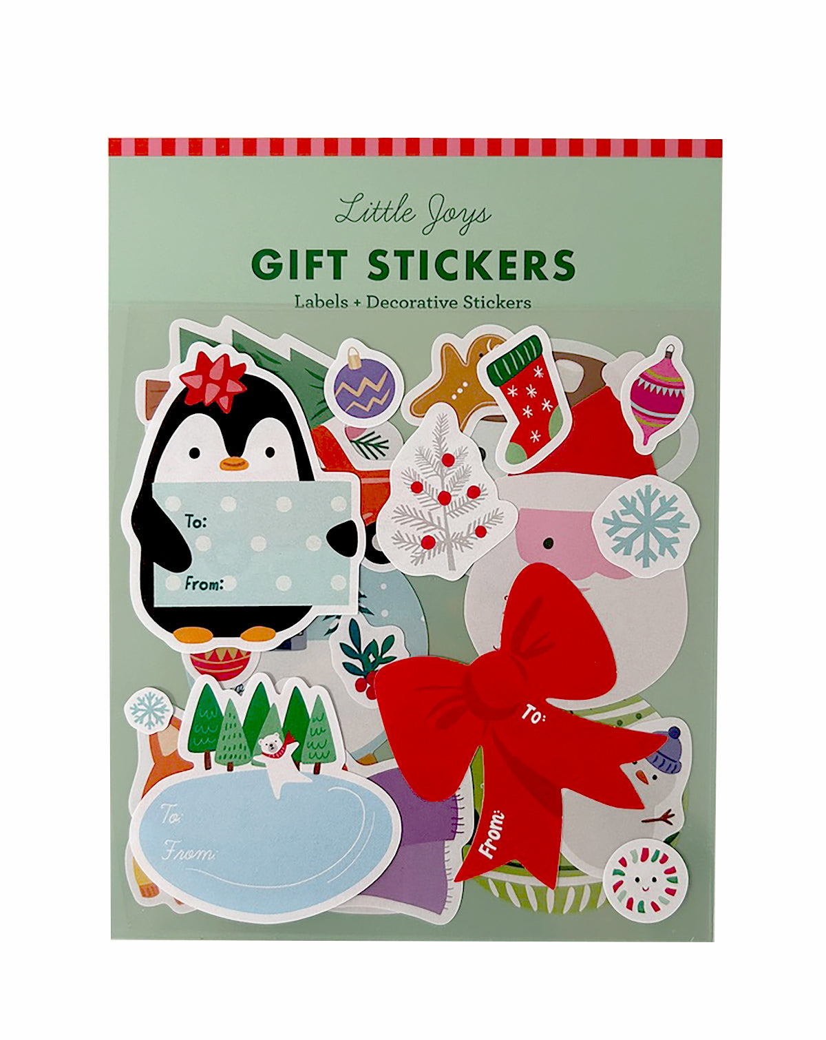 A package of Little Joys Christmas gift stickers featuring penguins, Santa, trees, ornaments, and holiday-themed labels on a mint green background.