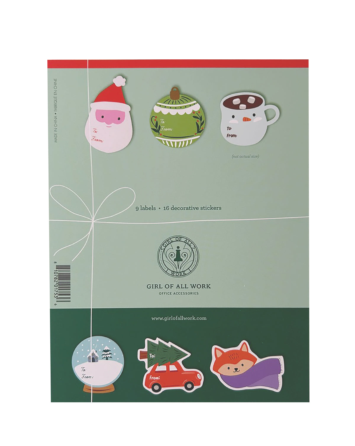 Back of the holiday gift sticker package featuring six sample holiday gift label designs. 