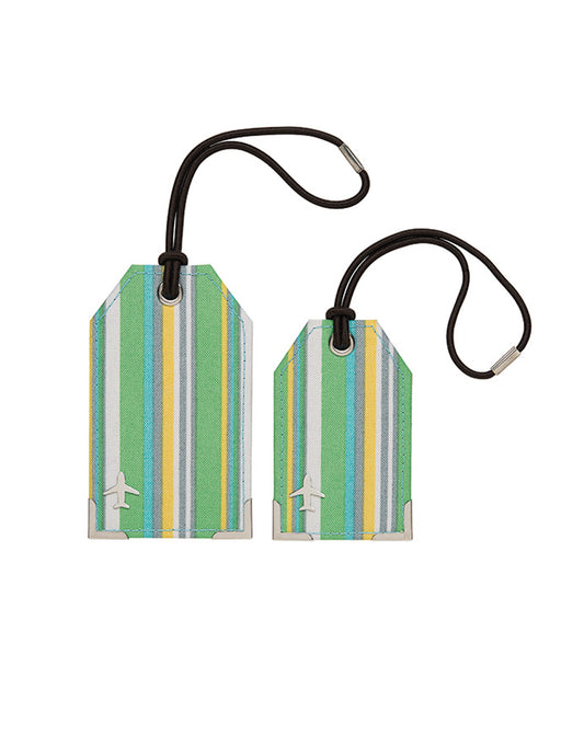 Two different sizes of green striped luggage tags displayed on a white background. 