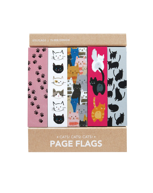 Set of cat-themed page flags in a cardboard holder on a white background