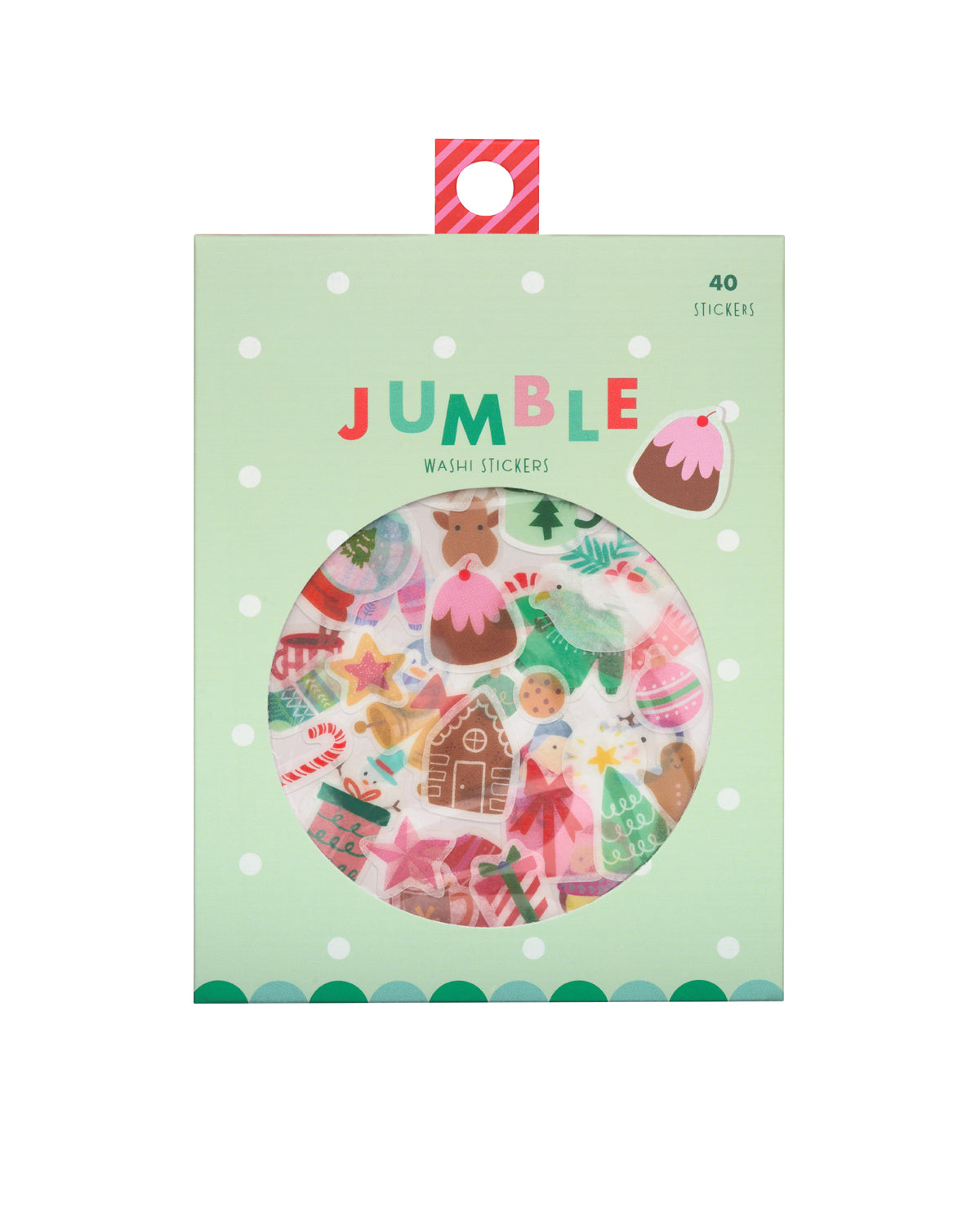 Colorful sticker package with a round window showing Holiday - themed washi stickers inside. 