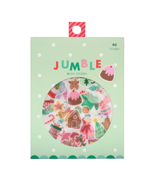 Colorful sticker package with a round window showing Holiday - themed washi stickers inside. 