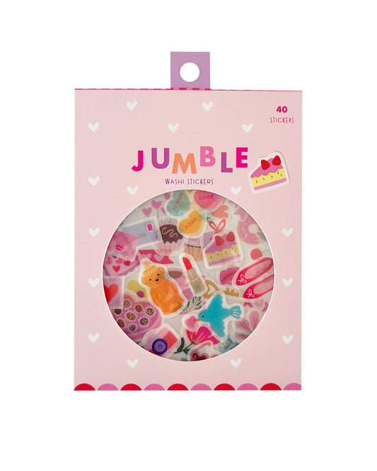 Colorful sticker package with a round window showing Valentine's Day - themed washi stickers inside. 