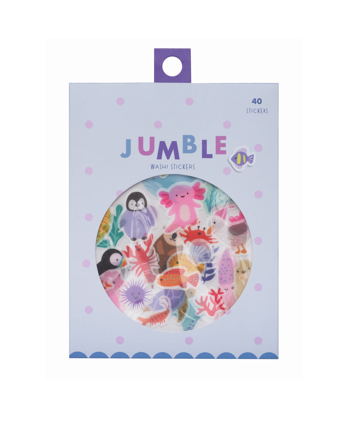 Colorful sticker package with a round window showing Ocean - themed washi stickers inside. 
