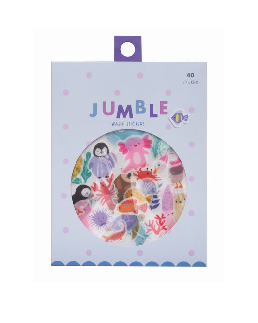 Colorful sticker package with a round window showing Ocean - themed washi stickers inside. 