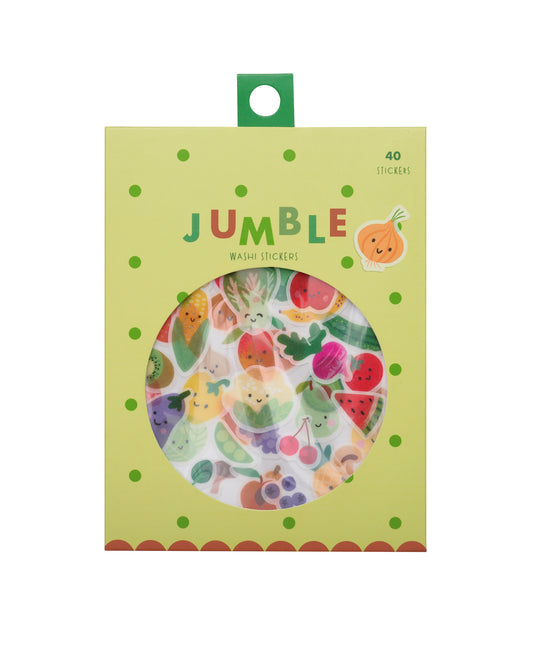 Colorful sticker package with a round window showing fruit and vegetable washi stickers inside. 