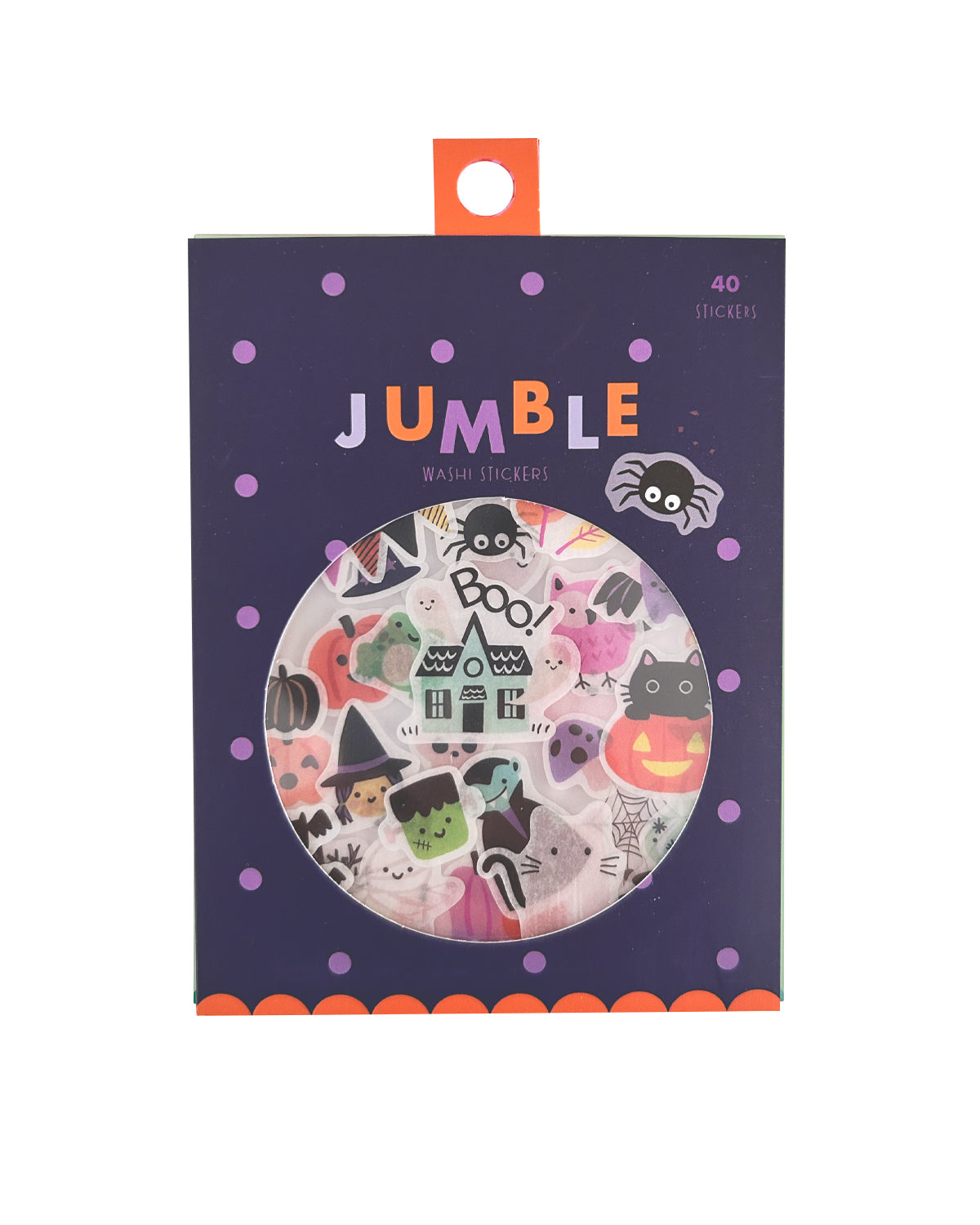 Colorful sticker package with a round window showing Halloween - themed washi stickers inside. 