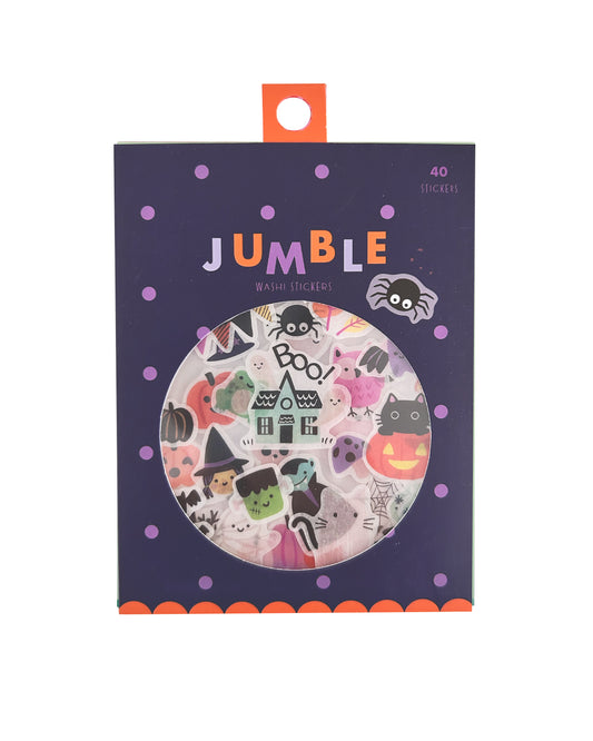 Colorful sticker package with a round window showing Halloween - themed washi stickers inside. 