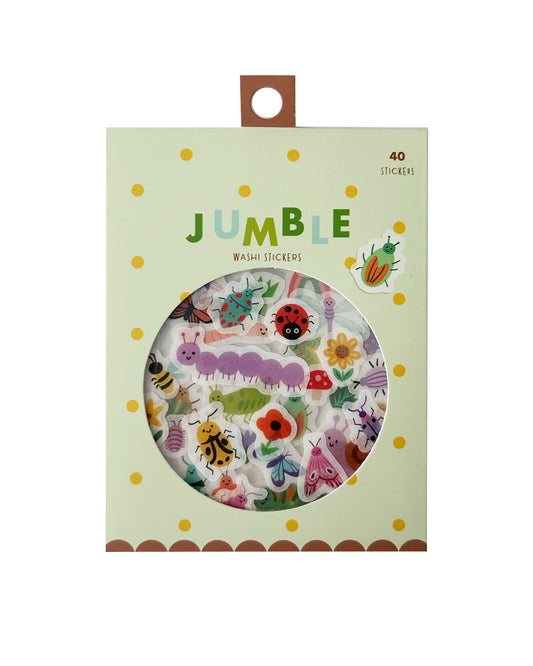 Colorful bugs-themed washi sticker pack with assorted illustrated insects in bright colors. The packaging has a round window on the front that shows the stickers inside.