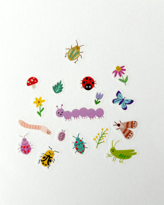 Colorful stickers of insects and flowers on a white background