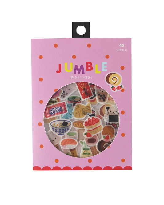 Jumble Washi Stickers 40-piece pack in a pink package with a circular window showing various cute sticker designs.
