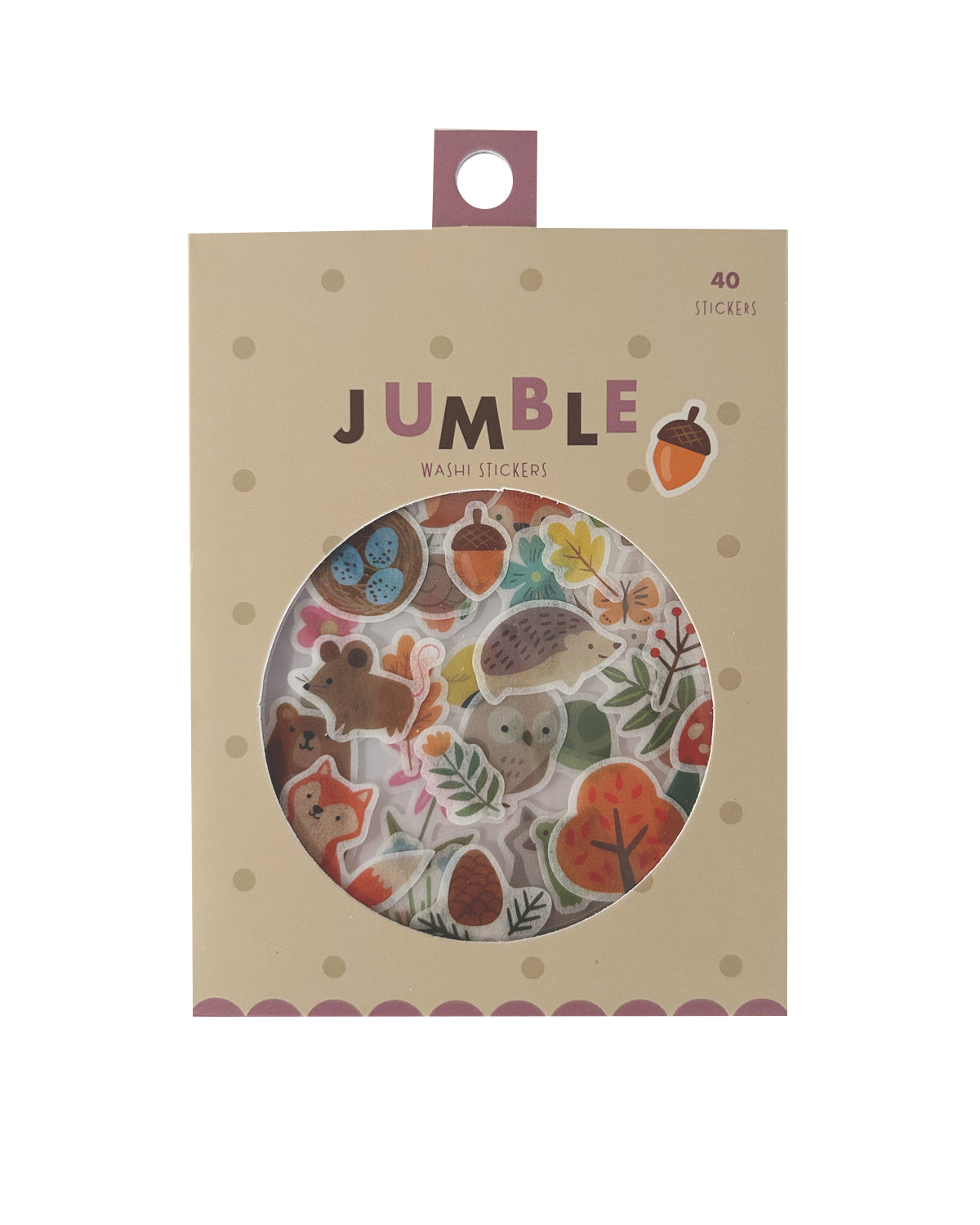 Jumble Wash Stickers 40-piece pack in a beige hanging package with a circular clear window showing colorful woodland-themed stickers.