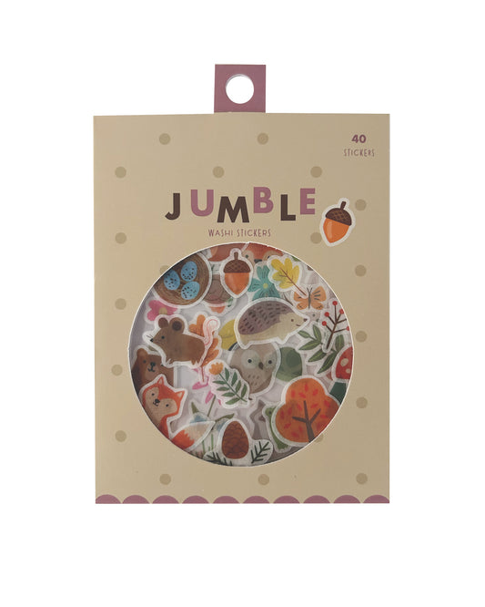 Jumble Wash Stickers 40-piece pack in a beige hanging package with a circular clear window showing colorful woodland-themed stickers.