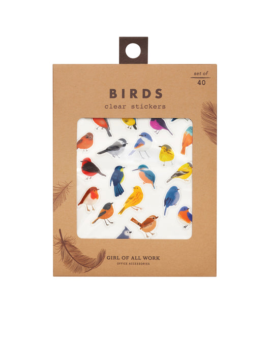 Kraft paper sticker package with a clear window showing clear bird stickers inside. 