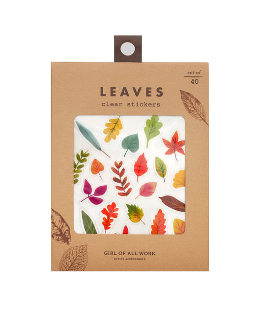 Kraft paper sticker package with a clear window showing clear leaf stickers inside. 