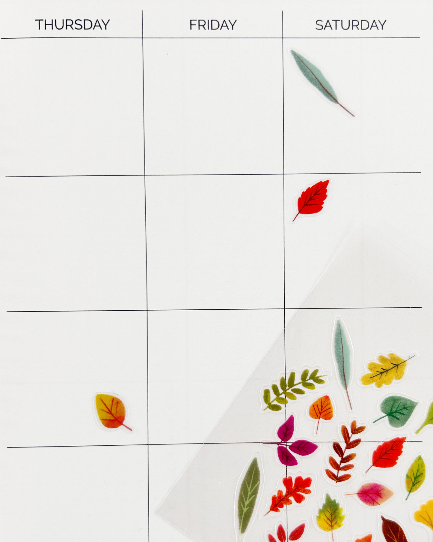 Calendar with clear stickers of colorful leaves on a white background