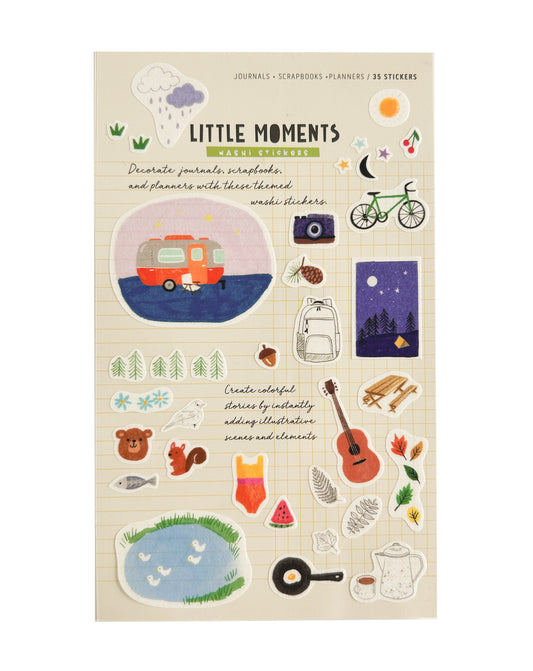 Sheet of decorative washi stickers with various illustrations on a beige background