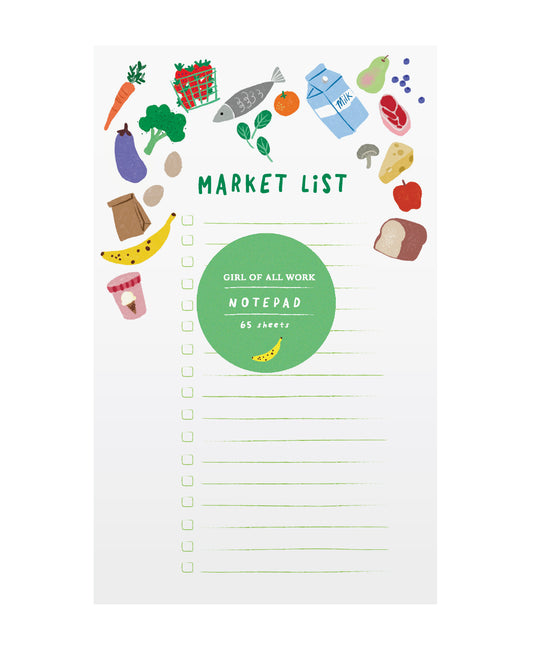 Notepad with illustrations of foods, vegetables, meat, fruit, and objects commonly found in supermarkets.