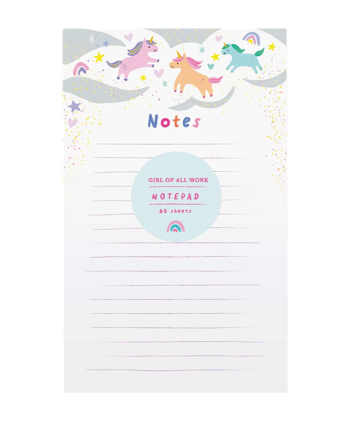 Cute unicorn design notepad with lined pages for writing on a white background