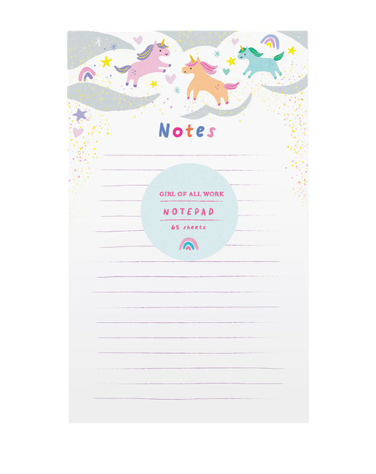 Cute unicorn design notepad with lined pages for writing on a white background