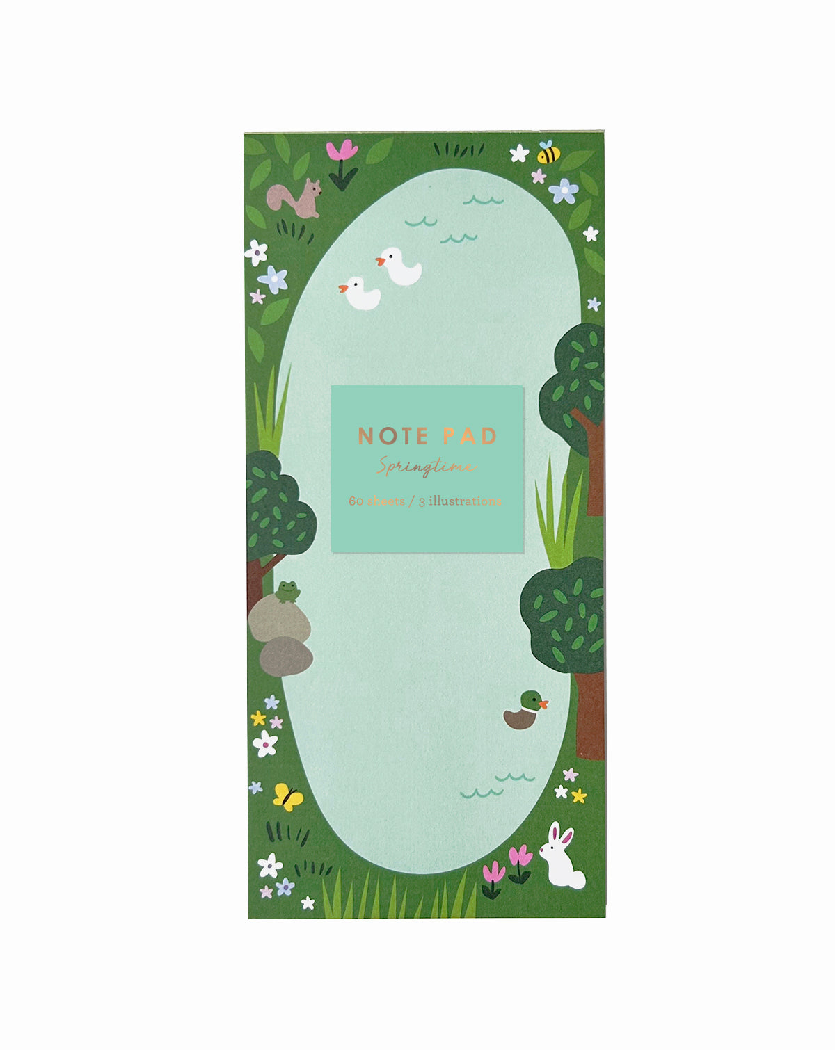 Notepad with spring-themed featuring spring animals and flowers on a white background. Packaged with a foil-stamped label.