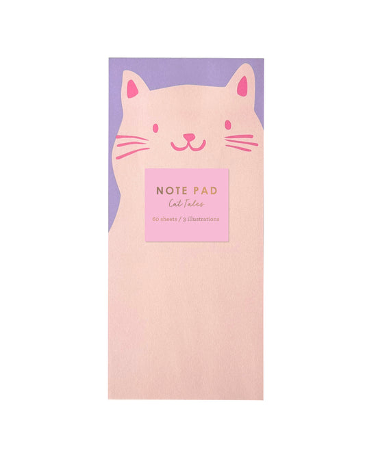 Notepad with a pink cat face on a white background. Packaged with a foil-stamped label.