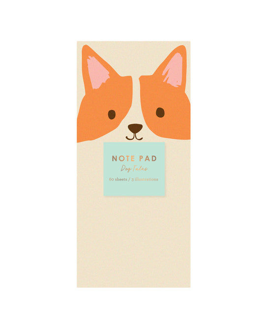 Notepad featuring a large cute corgi face illustration packaged with a foil-stamped label for an elegant finishing touch.