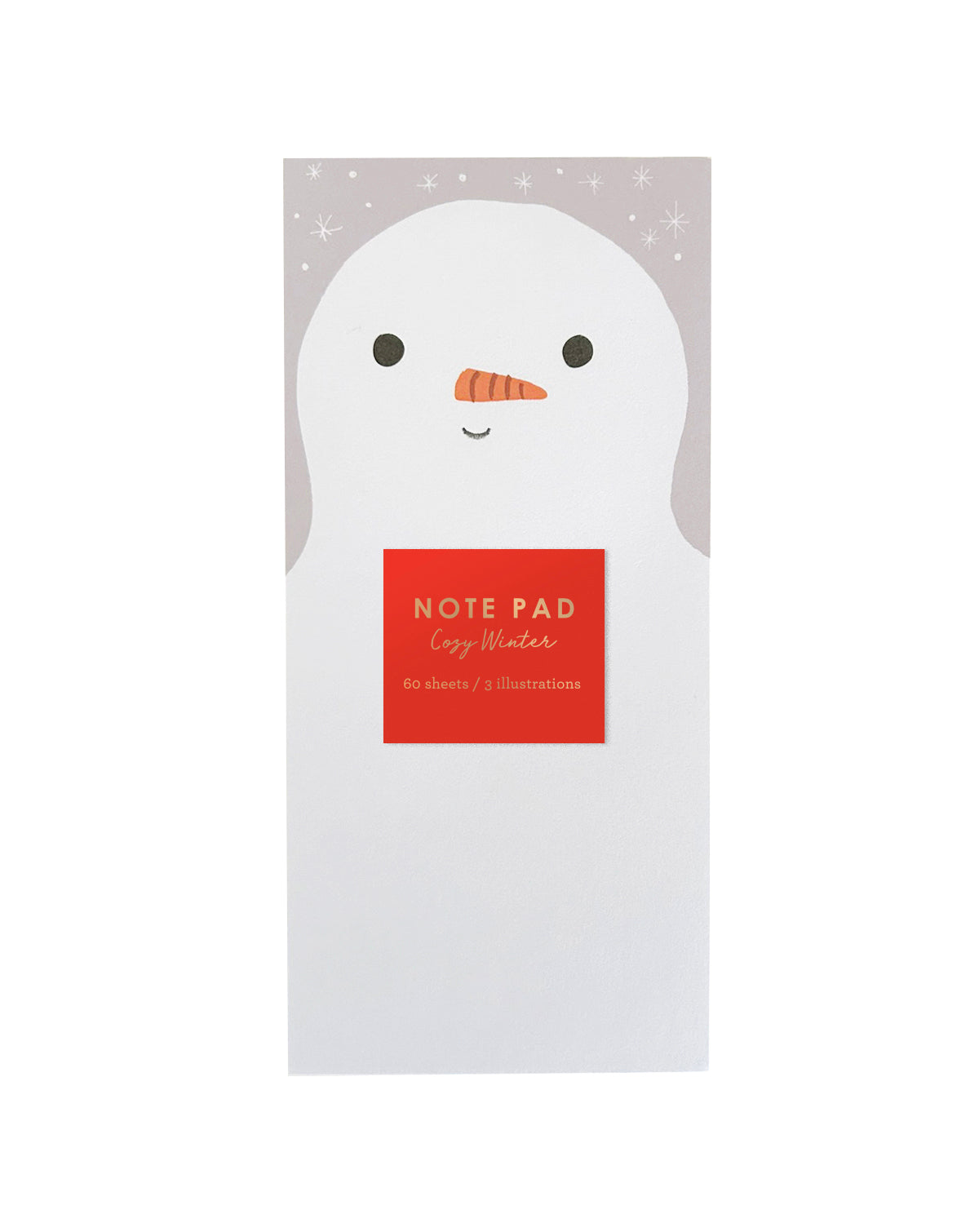 A vertical note pad featuring a cute cartoon snowman design on a white background. The note pad has a red label in the center that reads 'NOTE PAD Cozy Winter'. 
