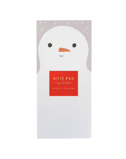 A vertical note pad featuring a cute cartoon snowman design on a white background. The note pad has a red label in the center that reads 'NOTE PAD Cozy Winter'. 