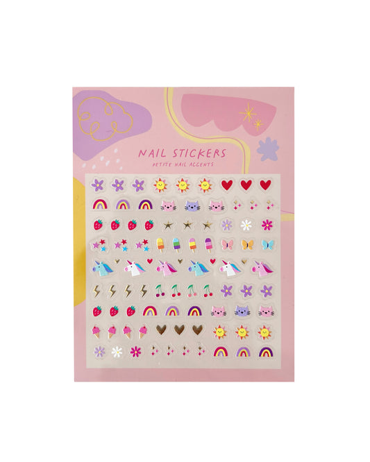 A sheet of cute nail stickers featuring unicorns, rainbows, cats and other playful designs. 