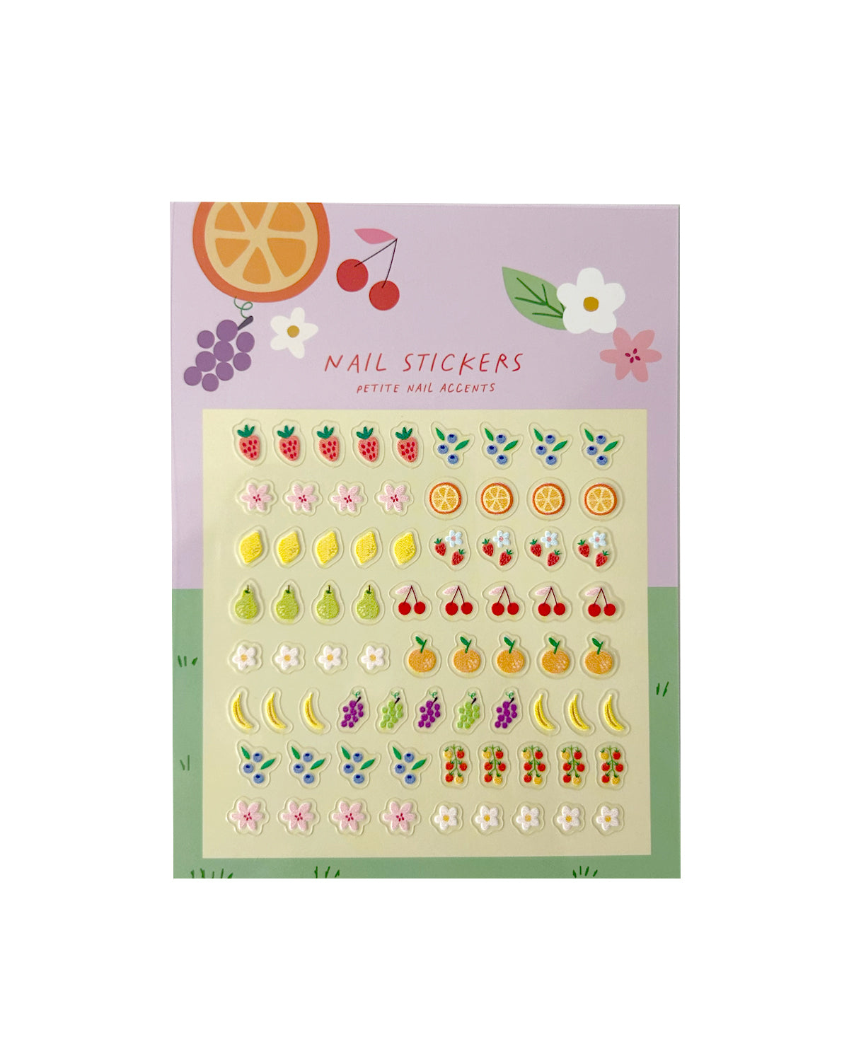 Fruit-themed nail stickers with decorative packaging on a white background