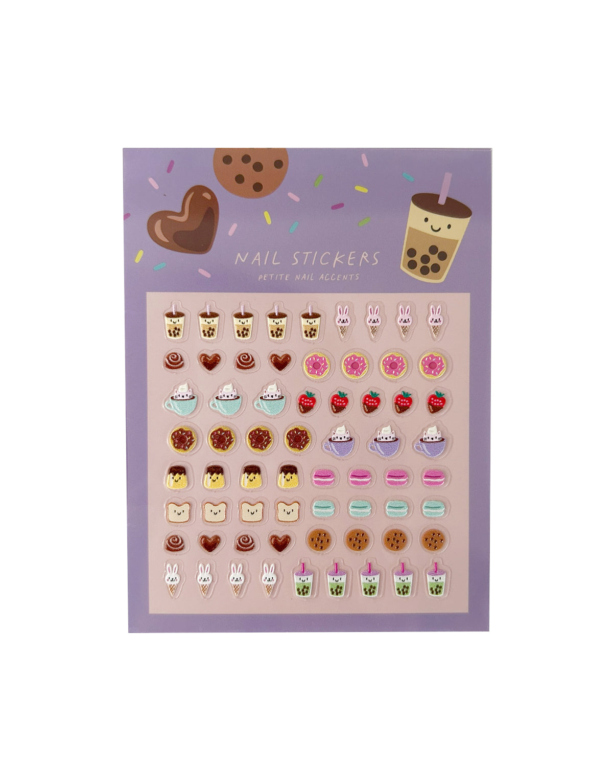 A sheet of cute boba drink and dessert nail stickers on a lavender card, featuring various illustrated boba drinks, donuts, cookies, and chocolate strawberries.