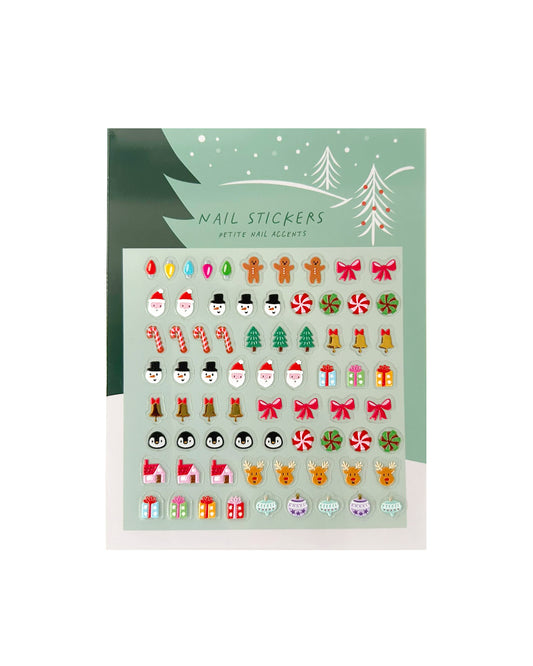 A sheet of Christmas-themed nail stickers displayed on its mint green backing card, featuring various holiday motifs like snowmen, candy canes, gingerbread men, Santa, and ornaments.