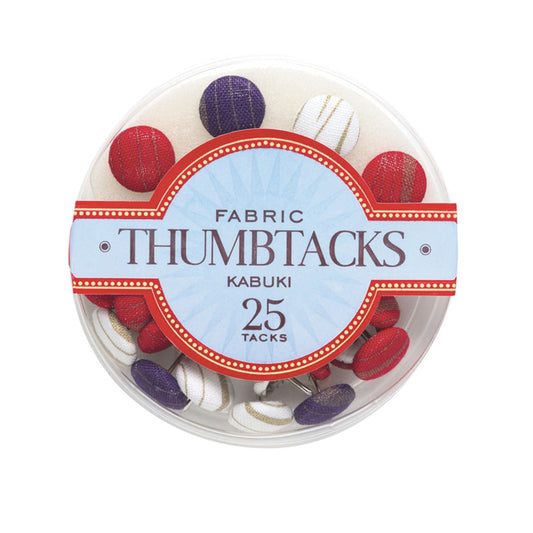 Round clear package of Kabuki fabric thumbtacks with metallic accents. 