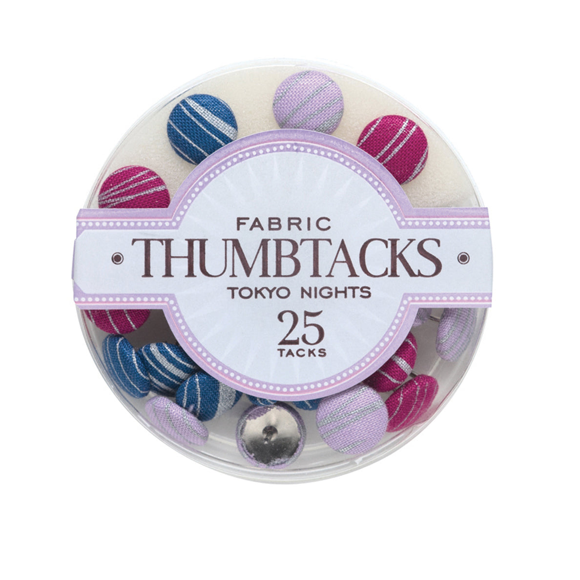 Round clear package of Tokyo Nights fabric thumbtacks with metallic accents. 