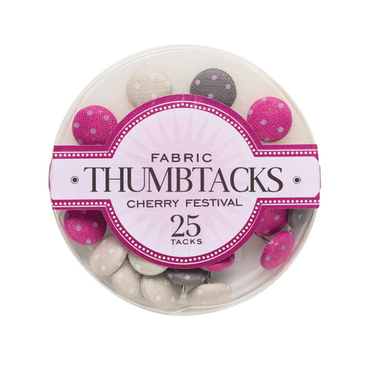 Round clear package of Cherry Festivals fabric thumbtacks with a dotted fabric design. 