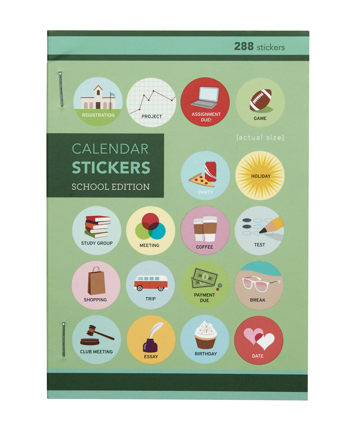 Cover photo showing multiple round School Edition stickers for school events on a green background. 