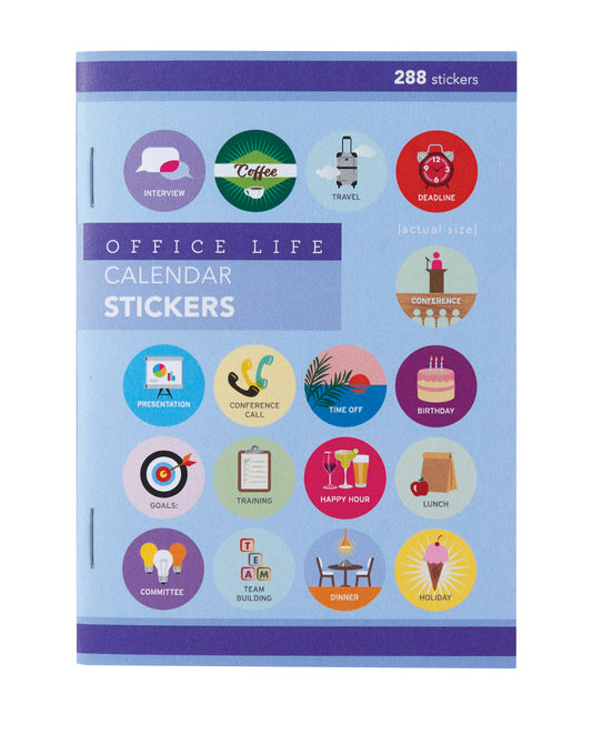 Cover photo showing multiple round calendar stickers with office life-themed designs. 