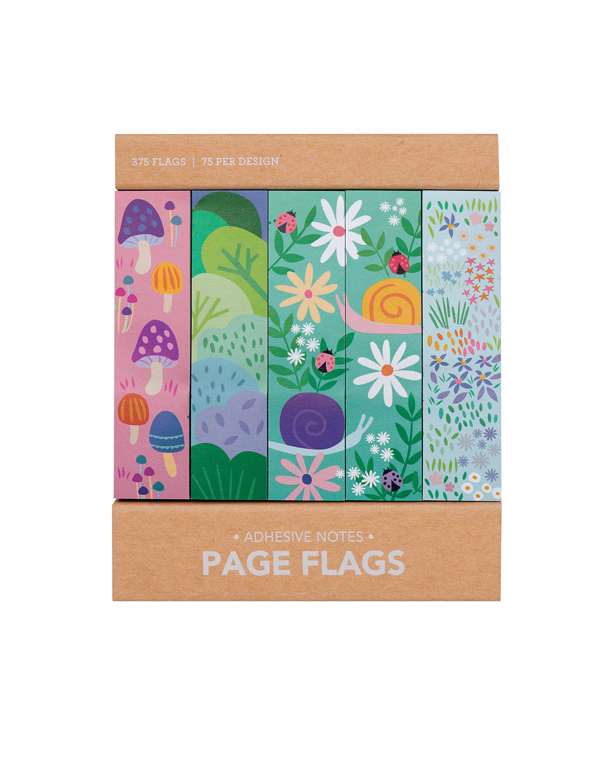 Pack of colorful page flags with nature-themed designs of snails, flowers, and plants.
