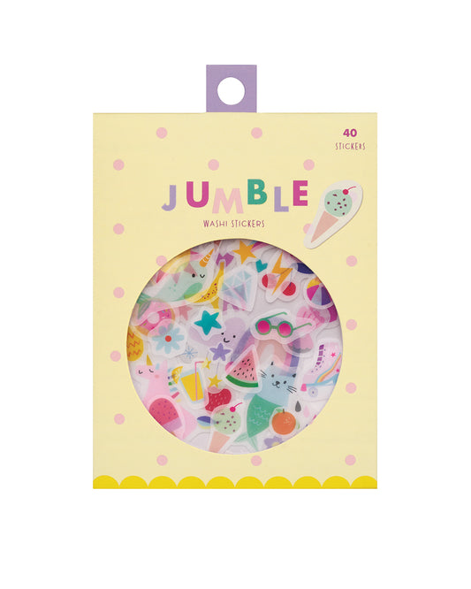 Colorful sticker package with a round window showing Magical - themed washi stickers inside. 