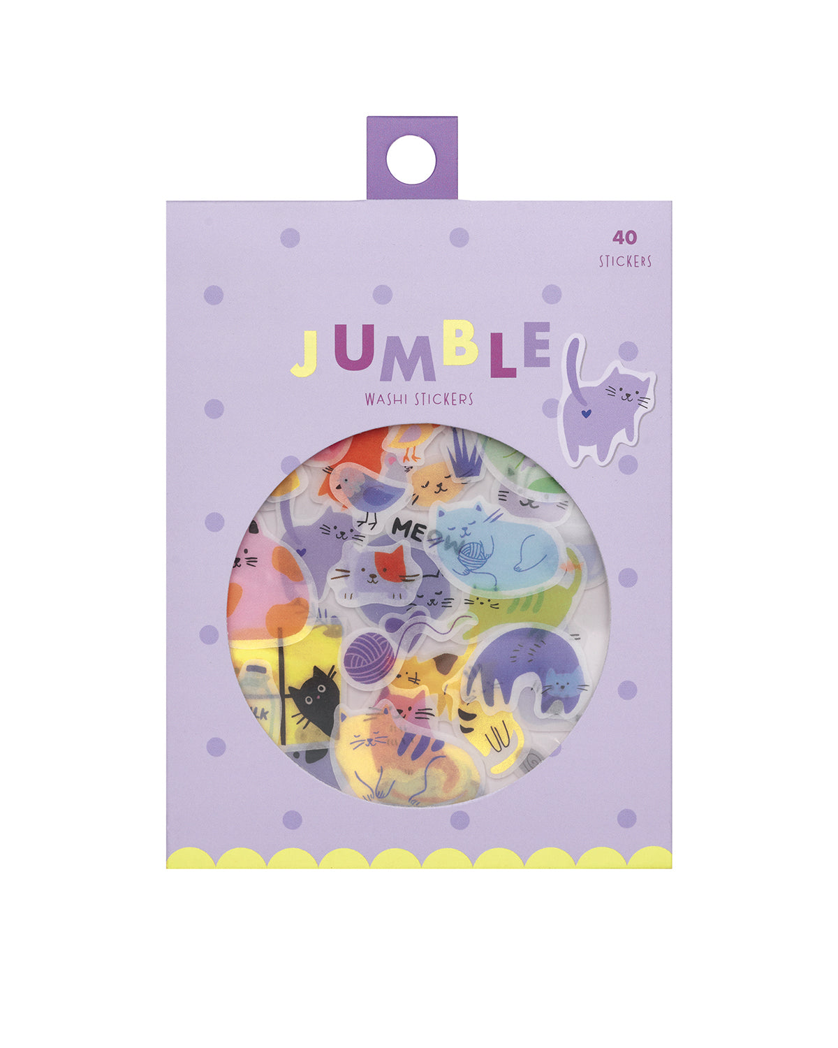 Colorful sticker package with a round window showing Cat - themed washi stickers inside. 