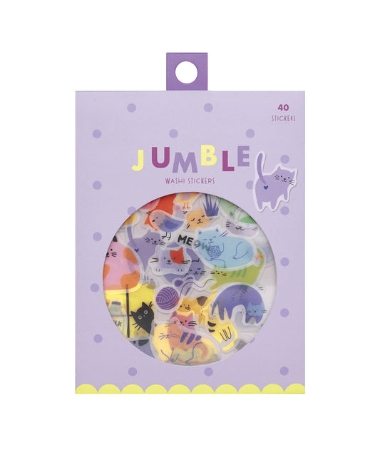 Colorful sticker package with a round window showing Cat - themed washi stickers inside. 